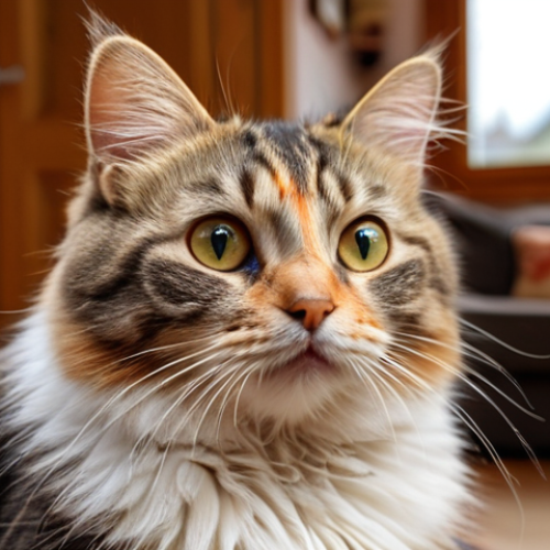 Home 4 ** A close-up photo of a fluffy, multi-colored house cat looking inquisitively at the camera. The cat has a mix of patterns, hinting at a diverse breed background. Soft, diffused lighting creates a warm, inviting mood. The background is a blurred, cozy living room setting in a typical German home.
**
