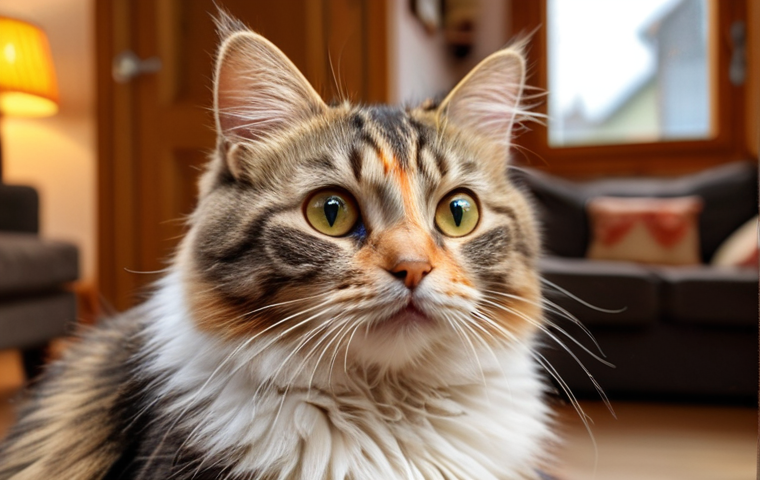 ** A close-up photo of a fluffy, multi-colored house cat looking inquisitively at the camera. The cat has a mix of patterns, hinting at a diverse breed background. Soft, diffused lighting creates a warm, inviting mood. The background is a blurred, cozy living room setting in a typical German home.
**
