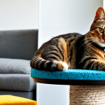 Happy Cat in a Home Setting**

"A happy, healthy, and well-groomed tabby cat lounging comfortably on a new, sturdy scratching post in a bright, modern living room. The cat is wearing a stylish, safe collar. The background includes a clean litter box and a filled food bowl. The overall scene conveys a sense of joy and responsible pet ownership. fully clothed, appropriate content, safe for work, family-friendly, perfect anatomy, natural proportions, professional pet photography, high quality."

**