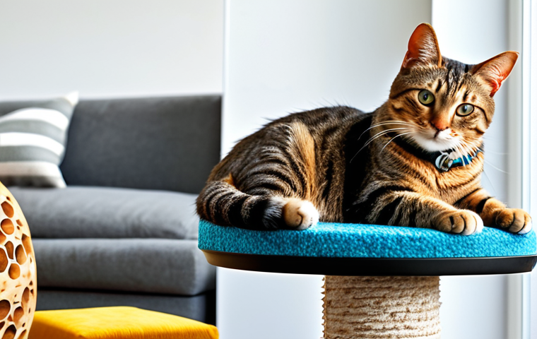 Happy Cat in a Home Setting**
"A happy, healthy, and well-groomed tabby cat lounging comfortably on a new, sturdy scratching post in a bright, modern living room. The cat is wearing a stylish, safe collar. The background includes a clean litter box and a filled food bowl. The overall scene conveys a sense of joy and responsible pet ownership. fully clothed, appropriate content, safe for work, family-friendly, perfect anatomy, natural proportions, professional pet photography, high quality."
**