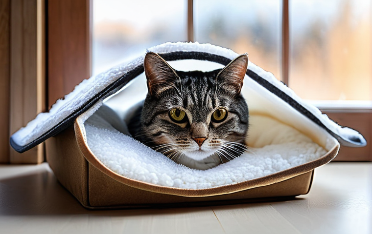 고양이와 겨울나기 - **Prompt 1: A Cozy Winter Cat Haven**
A domestic shorthair cat, with thick, soft fur, is deeply ...