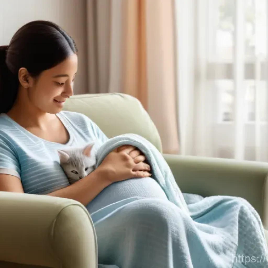고양이와 아기 함께 키우기 - **Prompt:** A pregnant woman, dressed in a comfortable and modest tunic and leggings, is sitting on ...