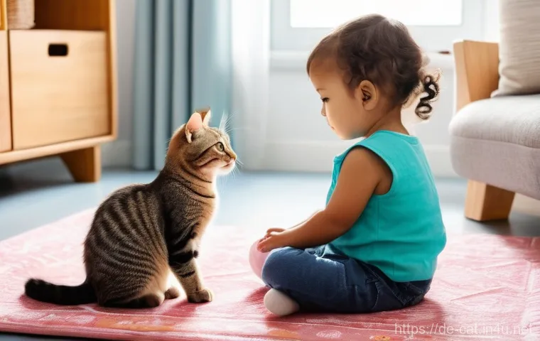 고양이와 아기 함께 키우기 - **Prompt:** A cozy, natural-light-filled living room featuring a secure playpen where a baby, wearin...