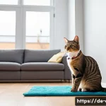 고양이 비만 다이어트 - A healthy adult domestic cat, wearing a collar, sitting on a modern living room floor with a large c...
