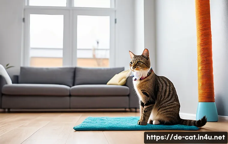 고양이 비만 다이어트 - A healthy adult domestic cat, wearing a collar, sitting on a modern living room floor with a large c...