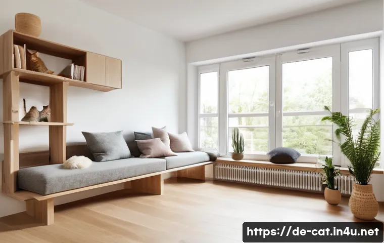 고양이별 최적의 환경 만들기 - A cozy indoor cat living space in a modern German apartment of about 30 square meters, featuring ver...
