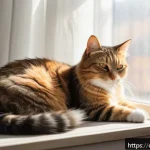 고양이의 애착 형성 과정 - A serene indoor scene featuring a calm adult domestic cat with soft fur lying relaxed on a cozy wind...