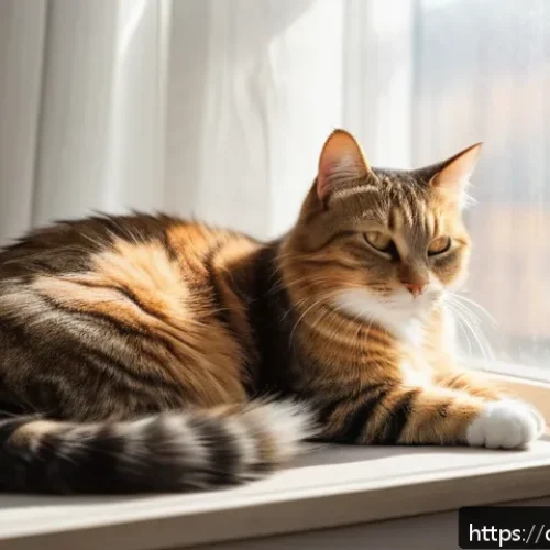 고양이의 애착 형성 과정 - A serene indoor scene featuring a calm adult domestic cat with soft fur lying relaxed on a cozy wind...