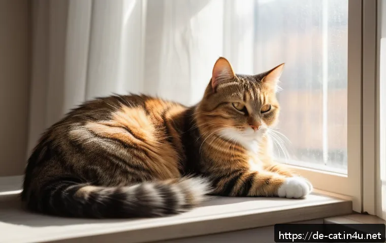 고양이의 애착 형성 과정 - A serene indoor scene featuring a calm adult domestic cat with soft fur lying relaxed on a cozy wind...
