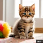 고양이 성장 단계별 관리 - A lively scene featuring a young kitten indoors, wearing a clean diaper, playfully interacting with ...