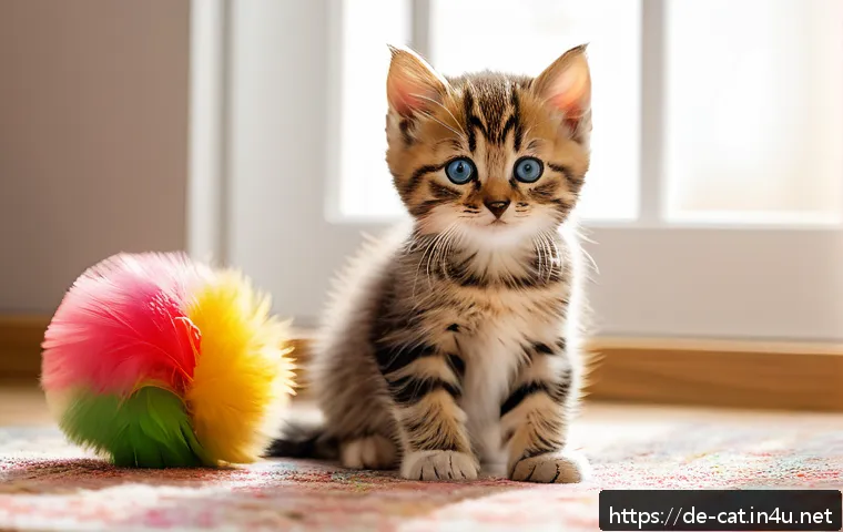 고양이 성장 단계별 관리 - A lively scene featuring a young kitten indoors, wearing a clean diaper, playfully interacting with ...