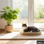 고양이와 함께 사는 집 꾸미기 - A modern, cozy cat corner in a bright living room with natural materials: a tall wooden cat tree wra...