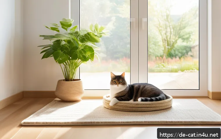 고양이와 함께 사는 집 꾸미기 - A modern, cozy cat corner in a bright living room with natural materials: a tall wooden cat tree wra...