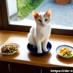 고양이 영양소 균형 - Photorealistic overhead kitchen scene of a healthy domestic shorthaired cat sitting beside a careful...