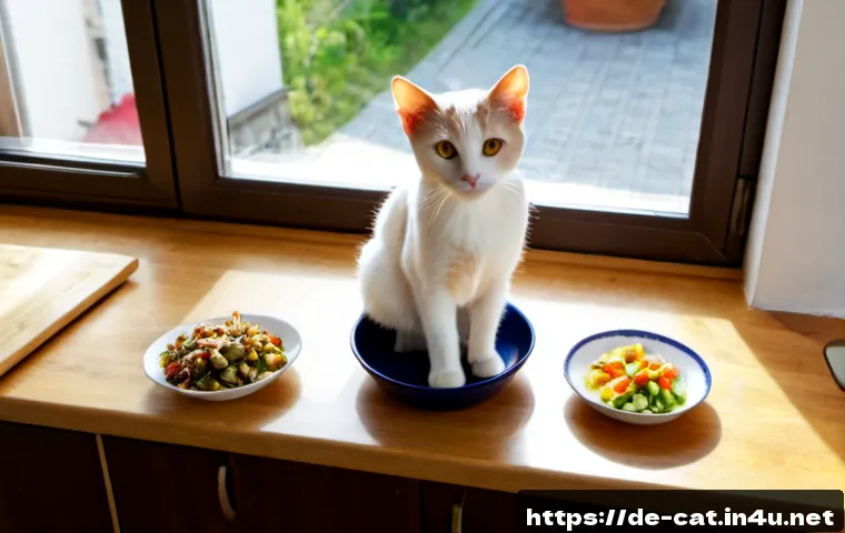 고양이 영양소 균형 - Photorealistic overhead kitchen scene of a healthy domestic shorthaired cat sitting beside a careful...