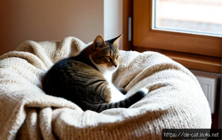 Home 17 고양이 임신 증상 - Photorealistic pregnant domestic shorthair cat resting comfortably in a cozy German apartment, visib...
