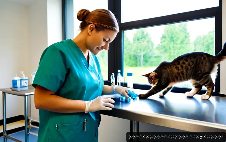 고양이 감염병 예방 - Photorealistic veterinary wellness visit in a clean modern German animal clinic, gentle veterinarian...