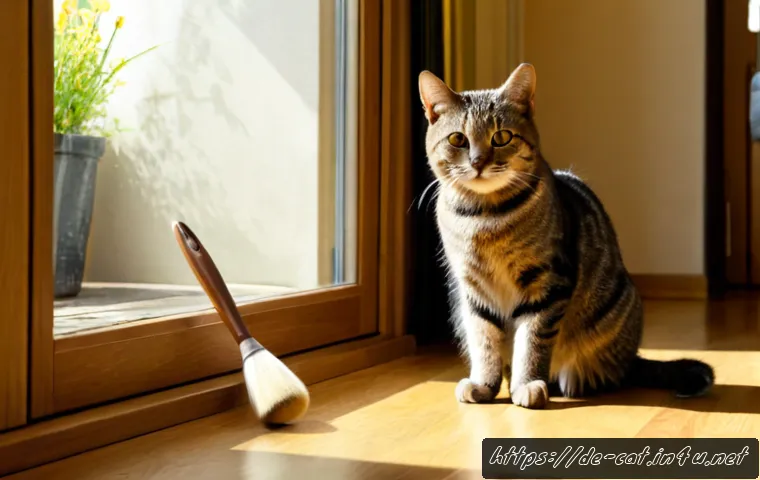 고양이의 계절별 털갈이 - Photorealistic domestic shorthaired tabby cat during spring shedding, sitting on a light oak floor b...